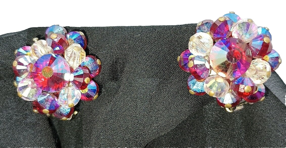 Hobé Faceted Clear & Red Aurora Borealis Glass Bead Cluster Clip-On Earrings MCM